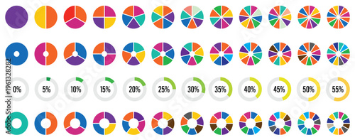 Pie charts diagram set. Circle pie charts 1,2,3,4,5,6,7,8,9,10,11,12 sections. Wheel round segment infographic part. Circle section graph. Pie charts diagrams set 