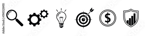 Business and finance icons including search settings innovation target currency and security symbols