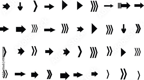 A comprehensive collection of diverse black arrow icons arranged in multiple rows and columns on a clean white surface