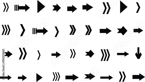 A comprehensive collection of diverse black arrow icons pointing in various directions on a clean white background