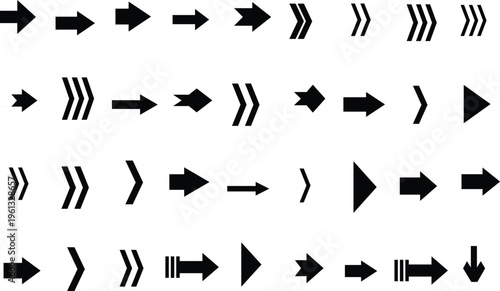 A comprehensive collection of various black arrow icons pointing in many directions on a clean white background