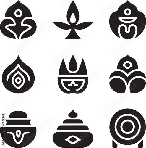 Hindu Religion Line Icon Set – Sacred Symbols, Spiritual Elements and Cultural Outline Vector Collection