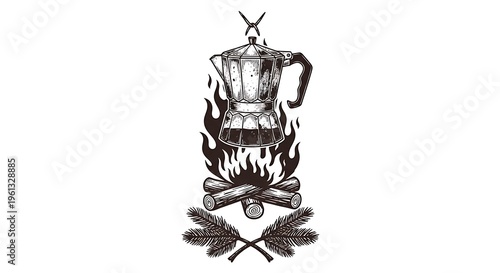 Vintage Illustration of a Moka Pot Coffee Maker Heating Over a Campfire in the Wilderness