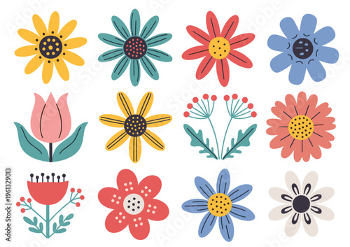 Collection of twelve stylized floral in various colors