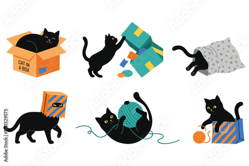Black cat playing with boxes and yarn in various playful poses.
