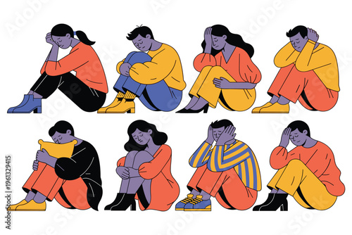 Collection of people sitting with knees pulled to chest displaying despair grief sadness.