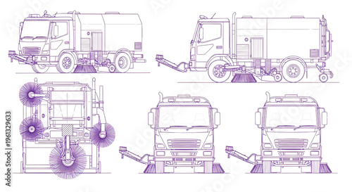 Street Sweeper Truck AutoCAD Blueprint Vector – Municipal Cleaning Vehicle Multiview Technical Drawing Purple Outline