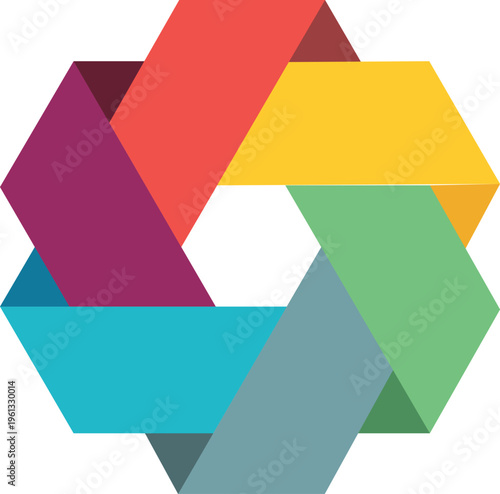 colorful hexagonal pinwheel rotating chevron segments flat design vector logo illustration for tech media creative agency photography branding and corporate identity isolated background.