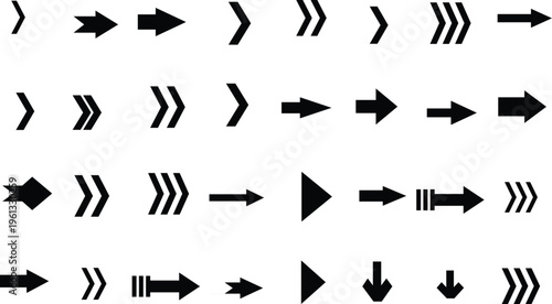 A diverse assortment of black directional arrow symbols displayed on a clean white field for navigation purposes