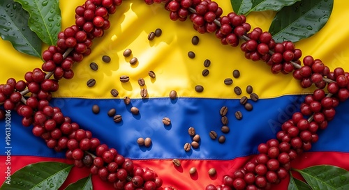 Colombian flag background with raw red coffee cherries and roasted beans on branches representing agriculture.