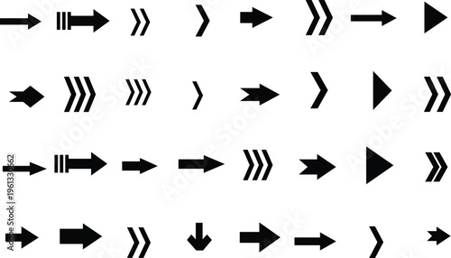A diverse collection of black arrow icons pointing in various directions arranged on a crisp white backdrop