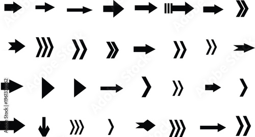 A dynamic compilation of black arrow symbols presented in an orderly grid on a clean, bright white canvas