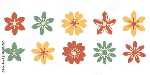 Ten stylized flowers in red green and yellow floral