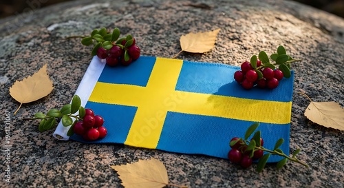 Swedish flag with lingonberry branches and autumn leaves on a textured stone surface during daylight.