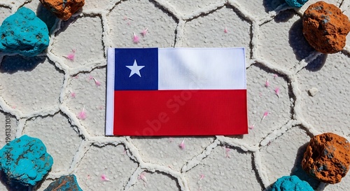 Chilean flag lies on a salt flat with colorful rocks and small pink flowers surrounding it in sunlight.