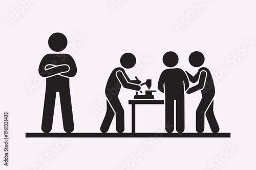 Stick Figure Standing Behind Team Supervising Without Interaction Concept Minimal Black Vector Silhouette Illustration