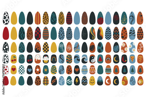 Easter eggs collection with diverse patterns and colors for holiday celebration design.