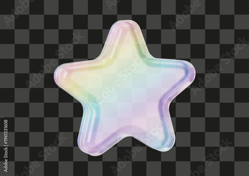 Iridescent three dimensional star featuring refractive surfaces and vibrant spectrum color play