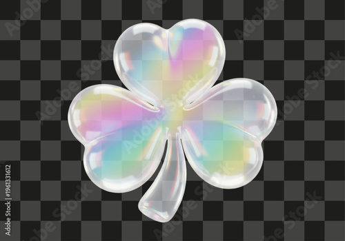 Iridescent transparent clover shape displaying beautiful light refraction and a magical ethereal glow