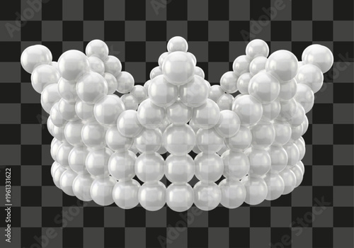 Three dimensional render of a gleaming white pearl crown with shiny spherical elements