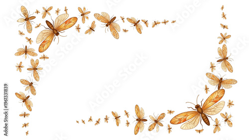 Delicate watercolor illustration showcasing a dynamic swarm of moths creating an elegant natural corner frame design