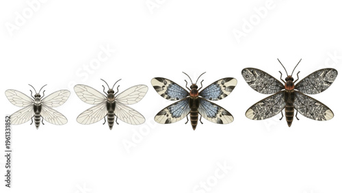 Concept illustration four diverse moth species, showing progression of size and wing patterns on a clean white background