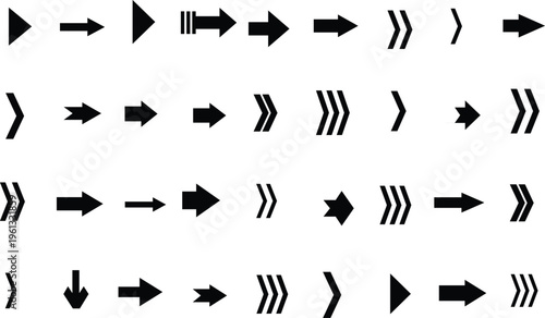 A large collection of various black arrow icons pointing in different directions on a white canvas