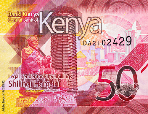 Photos Banknote 50 Shillings Kenya with the image of the statue of the first president Jomo Kenyatta and the conference center