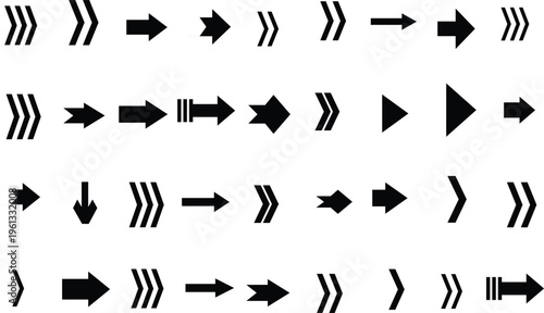 A modern assortment of black directional arrow icons displayed neatly on a bright white background