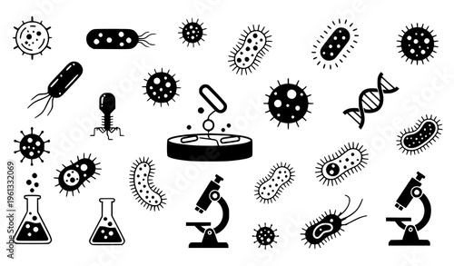 A black and white vector graphic illustration of various bacteria and viruses with microscopes and beakers on a white background representing microbiology and scientific research