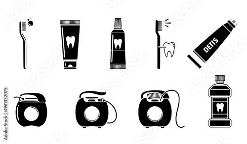 A set of black and white vector icons depicting various dental hygiene products and tools on a clean white background