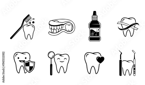A set of dental care icons including teeth, toothbrushes, and mouthwash in a flat, minimalist design style
