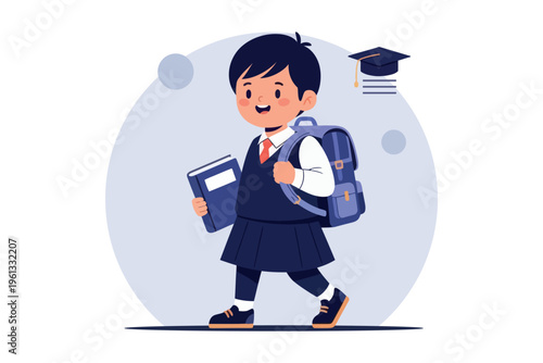 Young student cheerfully walking with backpack and books ready for school