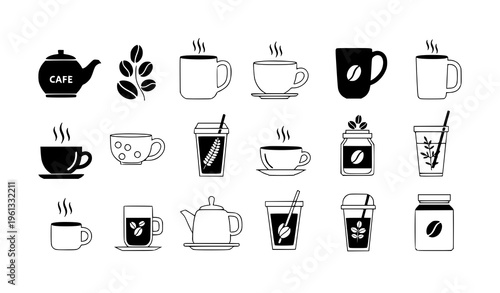 A collection of black and white vector icons depicting various coffee and tea cups with steam and leaves on a plain white background
