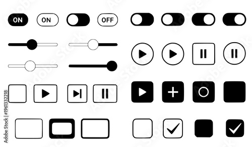 A collection of black and white vector graphic icons featuring various media control and interface elements on a clean white background