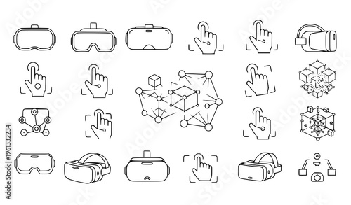 A collection of black and white line art vector icons depicting virtual reality headsets and hand gestures for interactive technology and futuristic design