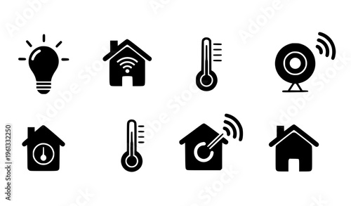 A set of eight black and white vector icons depicting smart home and temperature control symbols on a plain white background