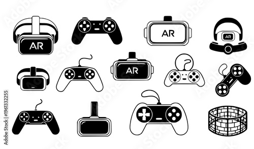 A collection of black and white vector graphics depicting various gaming controllers and virtual reality headsets with AR capabilities on a plain white background