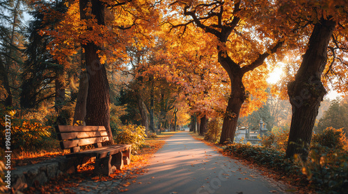 Autumn Park Landscape with Golden Trees and Wooden Bench along a Scenic Sunlit Path