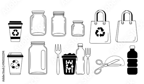 A collection of black and white vector icons depicting eco-friendly and disposable items for recycling and daily use