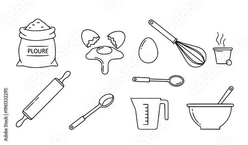 A set of black line illustrations depicting various baking tools and ingredients on a white background
