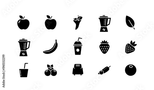A set of black silhouette icons representing various fruits and smoothies on a white background