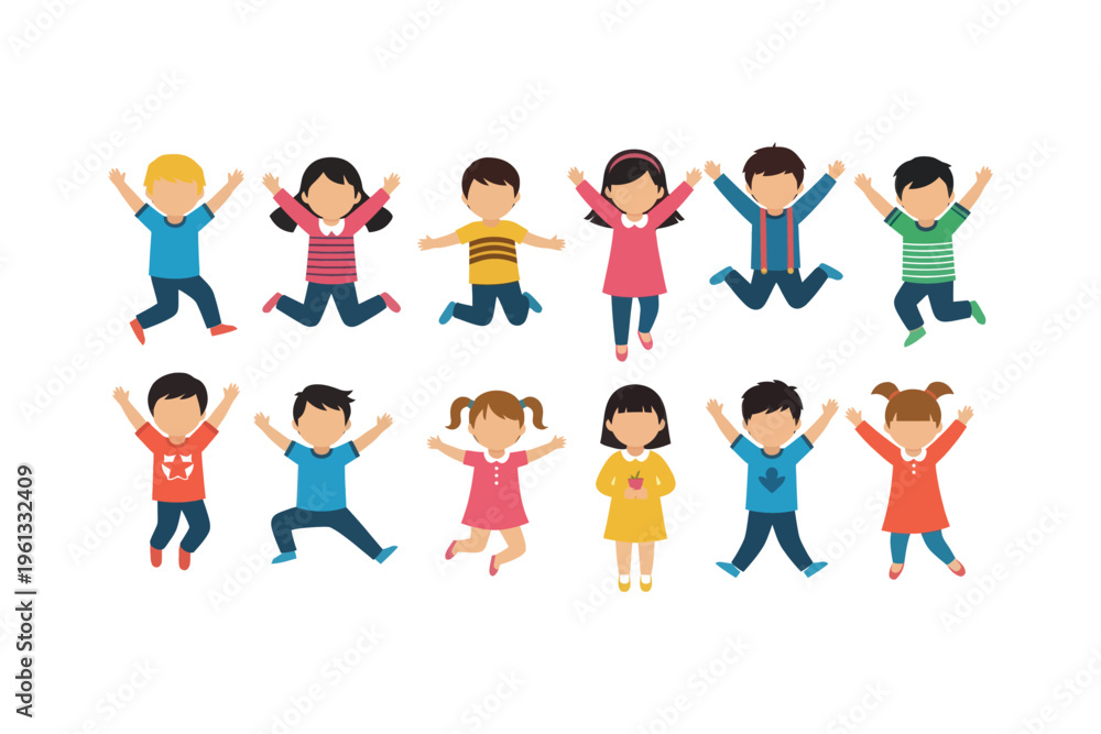 Naklejka premium Diverse group of children joyfully jumping with arms raised high