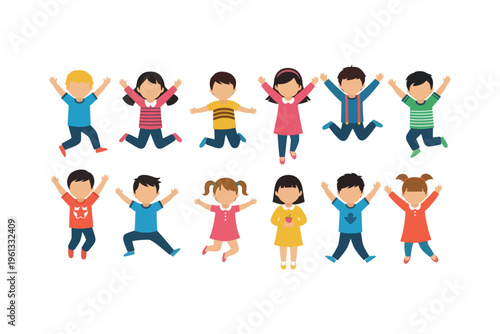 Diverse group of children joyfully jumping with arms raised high