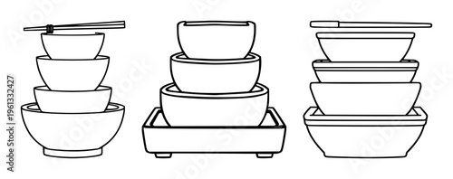 Bento box set with tiered structure and clean outlines featuring Japanese cuisine, food, minimalist design with white background and vector illustration