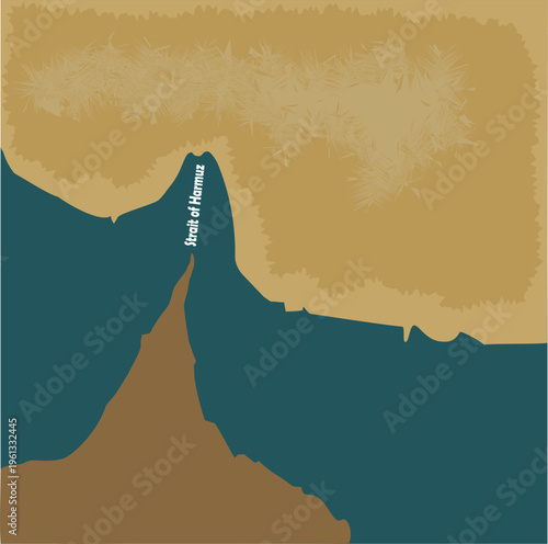 Stylized map illustration of Strait of Hormuz with abstract textures.