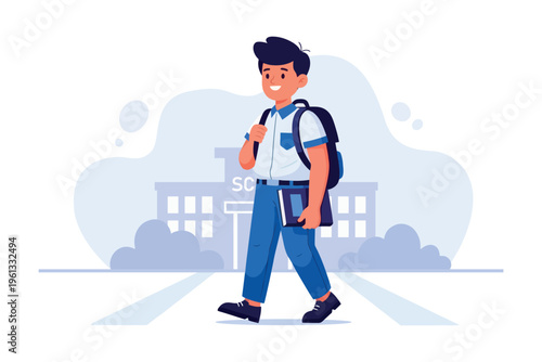 Young student cheerfully walks to school with books and a backpack