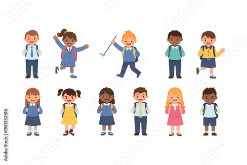 Diverse group of happy children heading to or from school