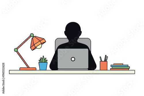 Silhouette of a person working on a laptop at a colorful desk