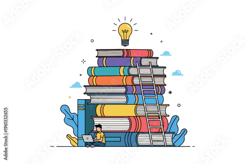 A person studies with a stack of books and a bright idea